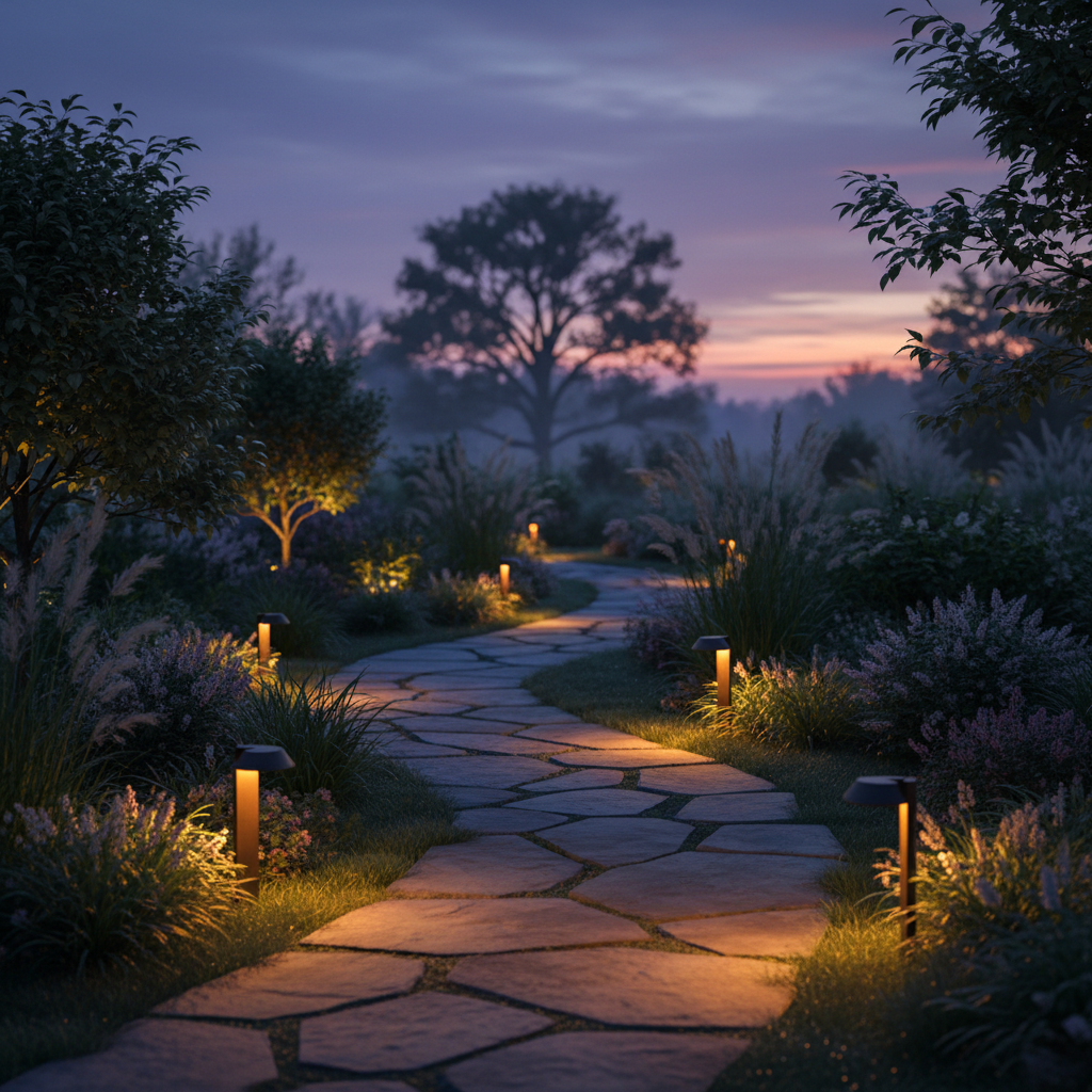 LED landscape lights installed along garden path at dusk