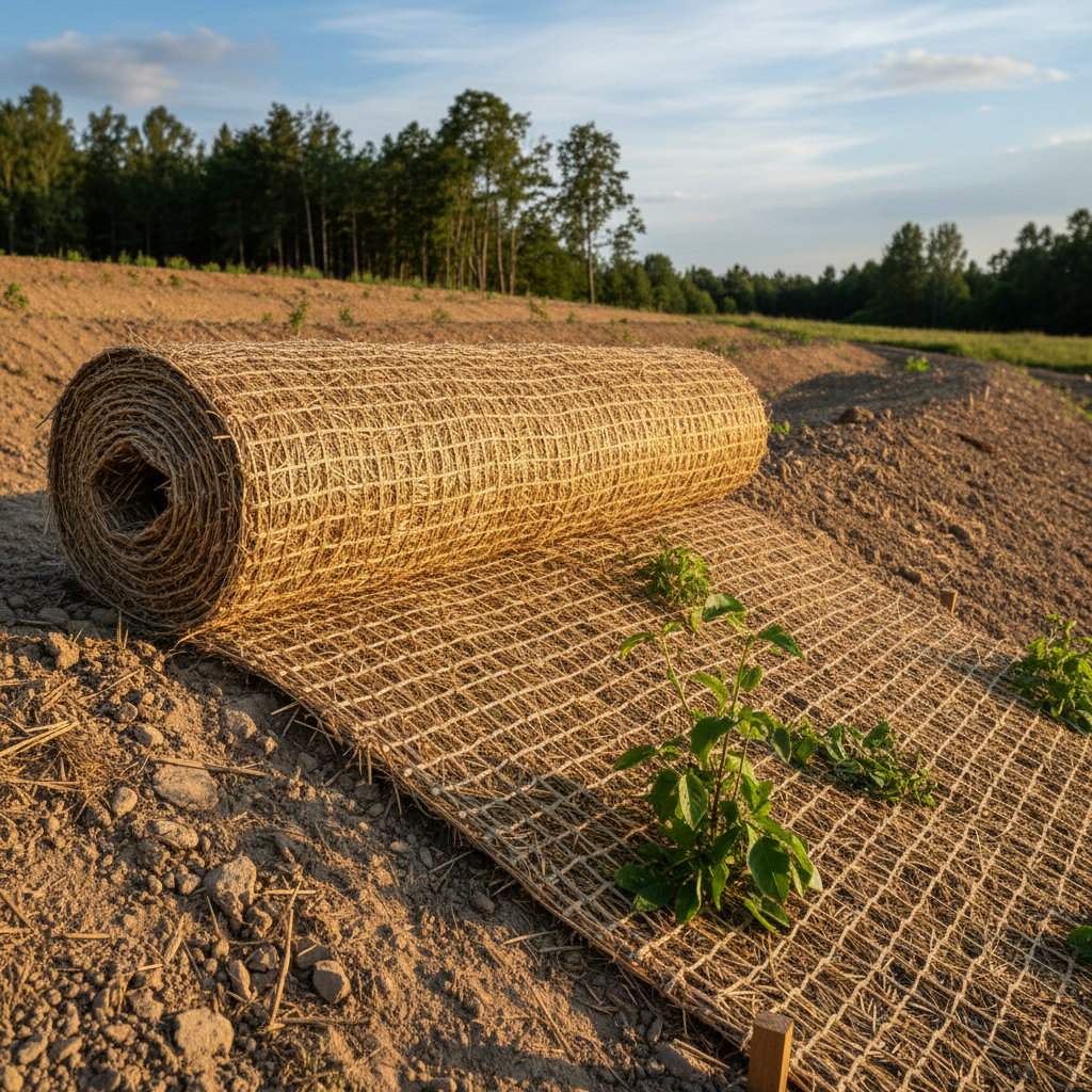 Natural fiber erosion control blanket on slope