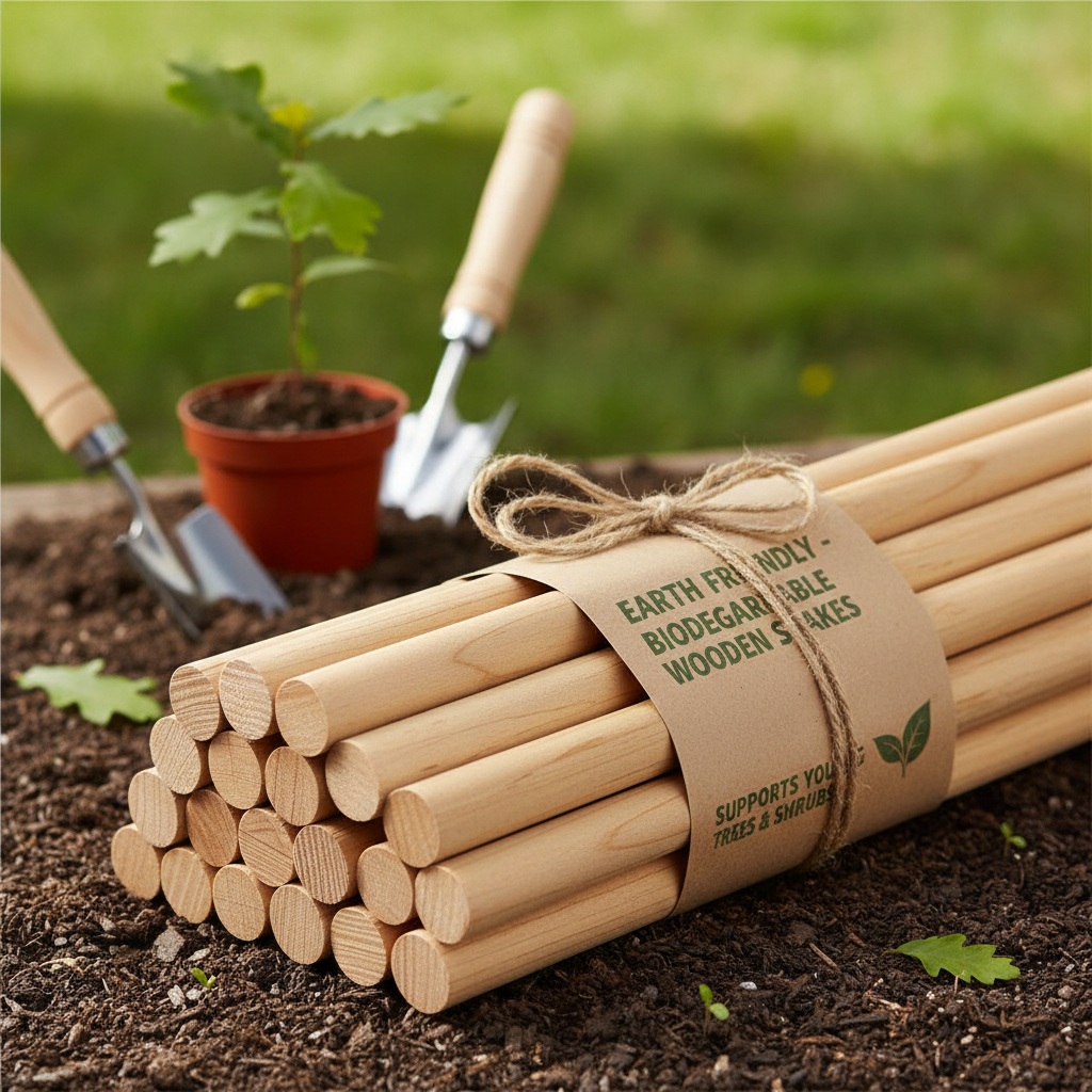 Natural wood plant stakes bundled together