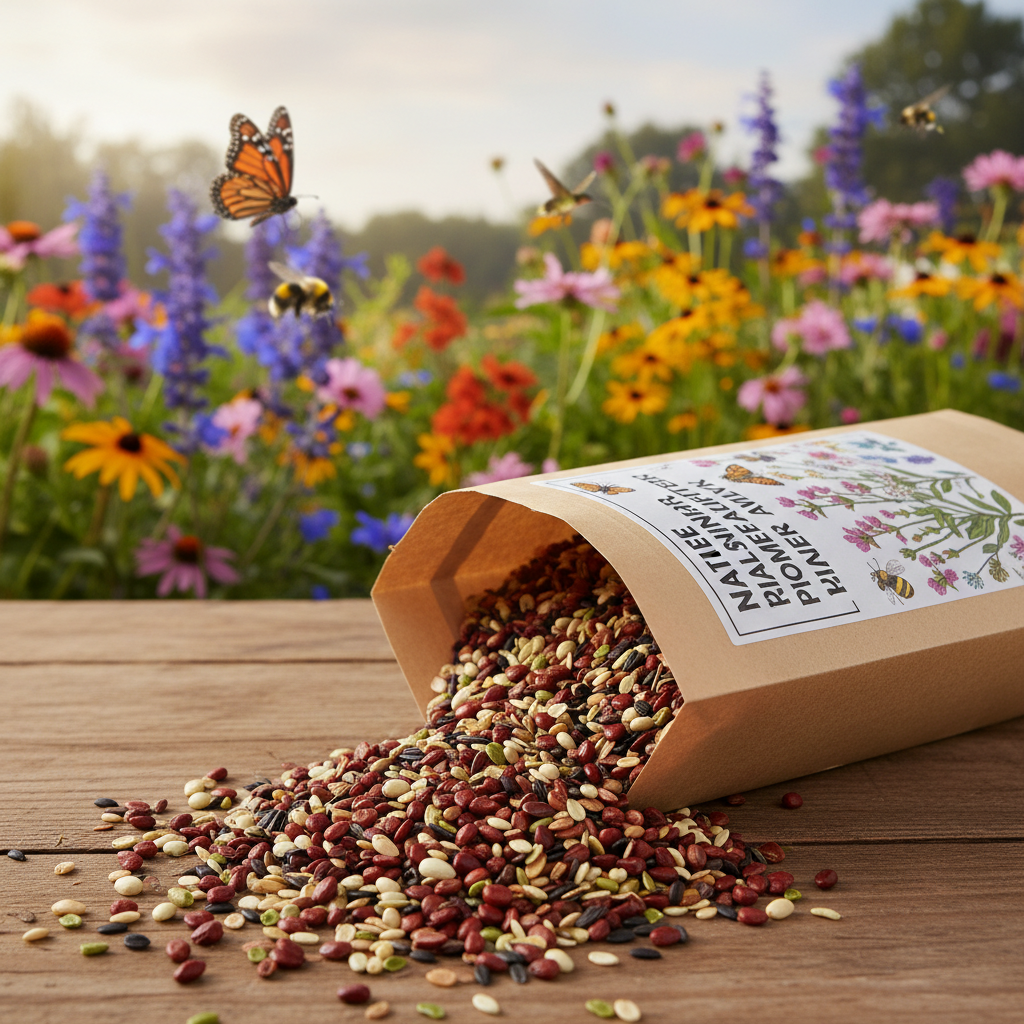 Open bag of native wildflower seeds with blooming wildflowers