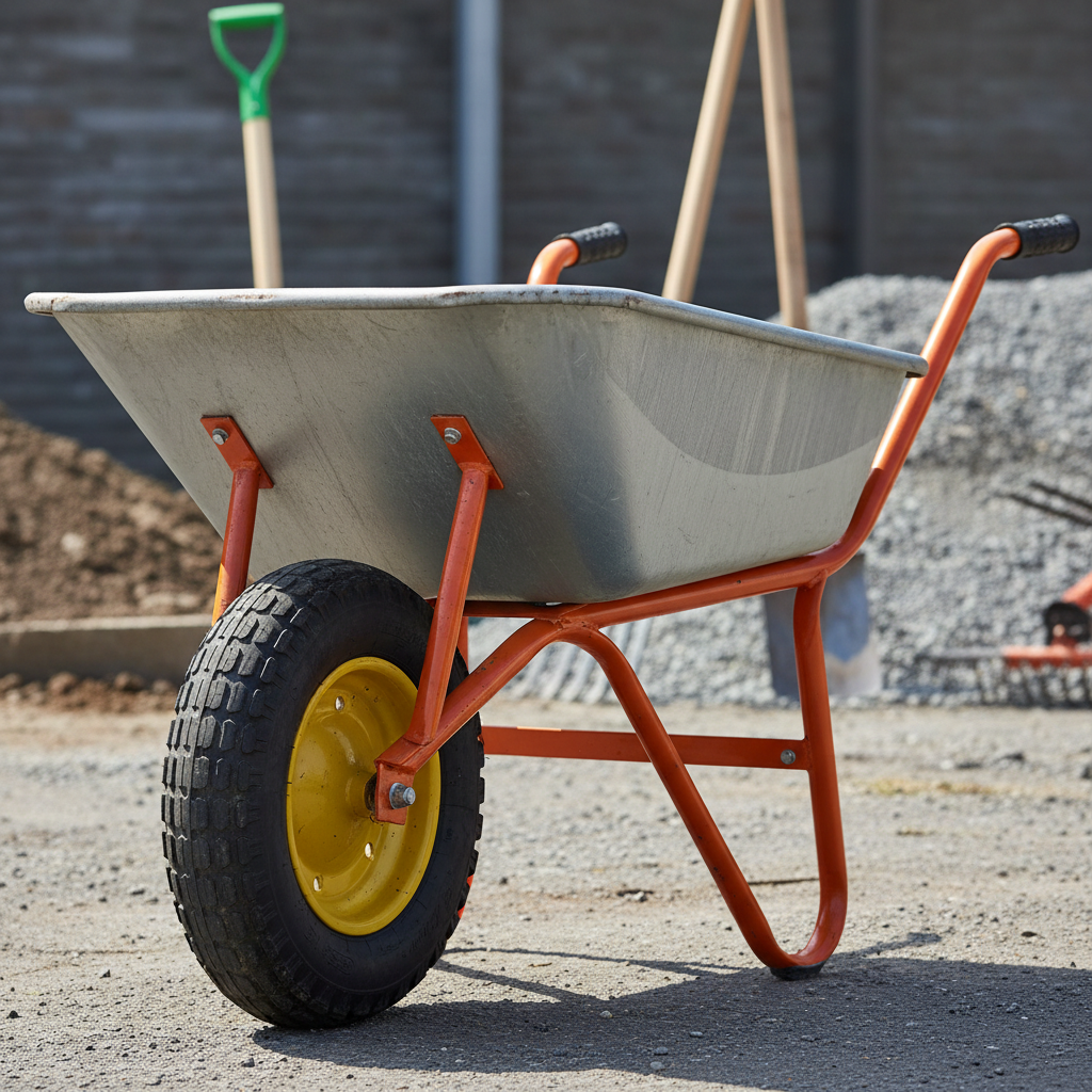 Steel wheelbarrow close up with pneumatic wheel