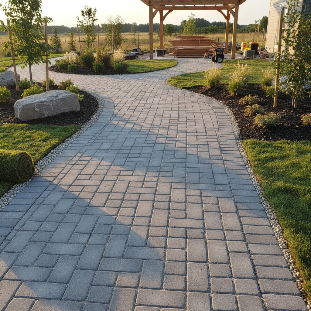 Concrete paver stones installed in walkway pattern