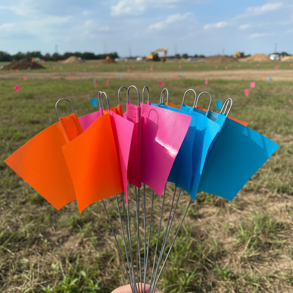 Colorful landscape site marking flags on wire stakes