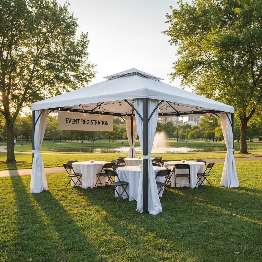 Large commercial gazebo assembled in park white canopy