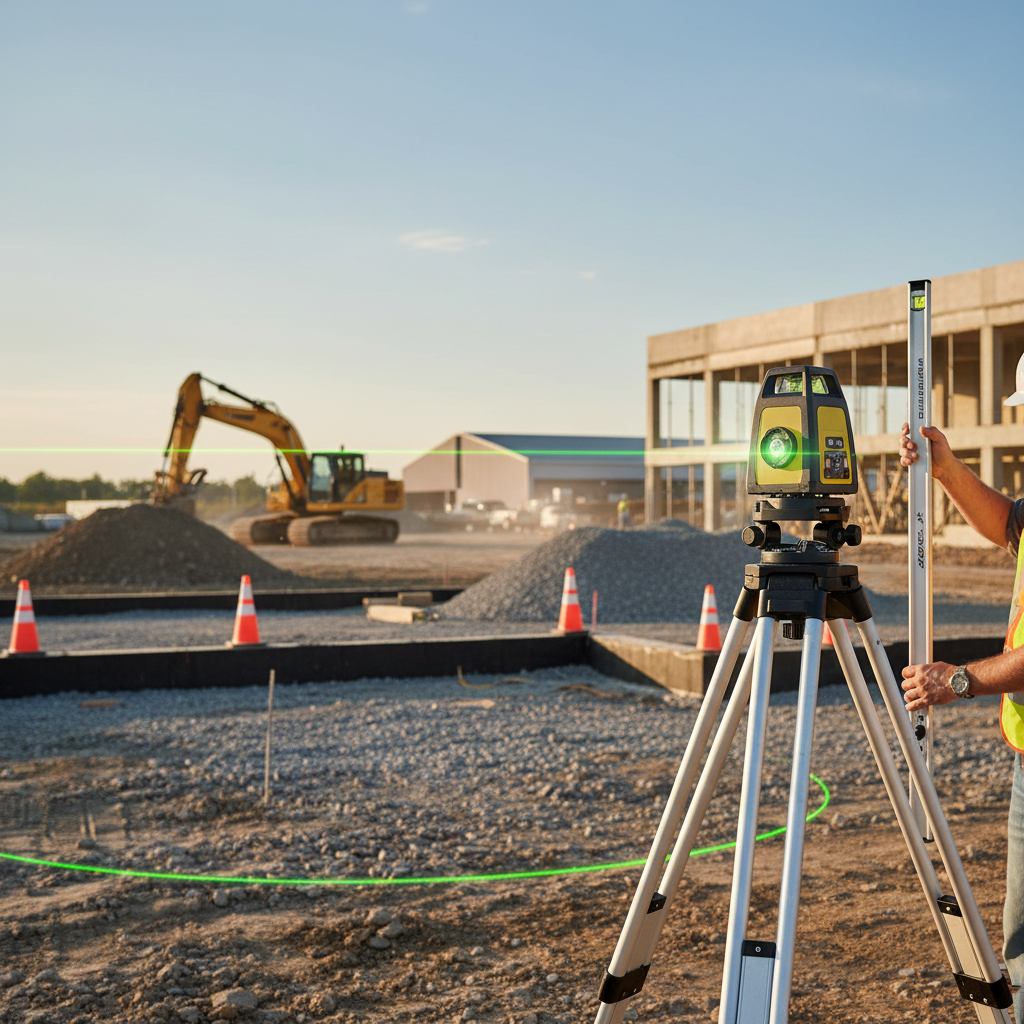 Rotary laser level on tripod outdoors with green laser beam