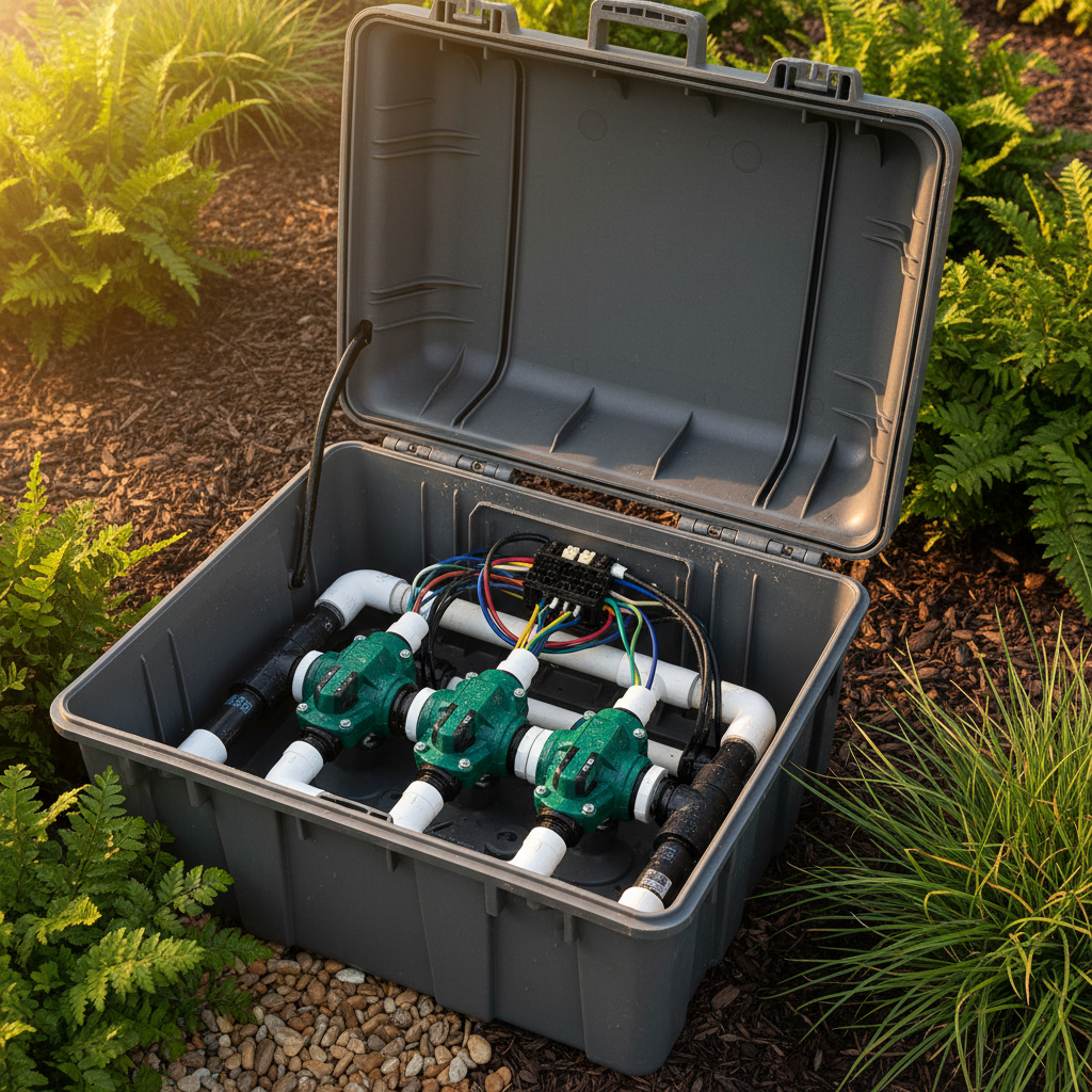 Irrigation valve control box open showing valves