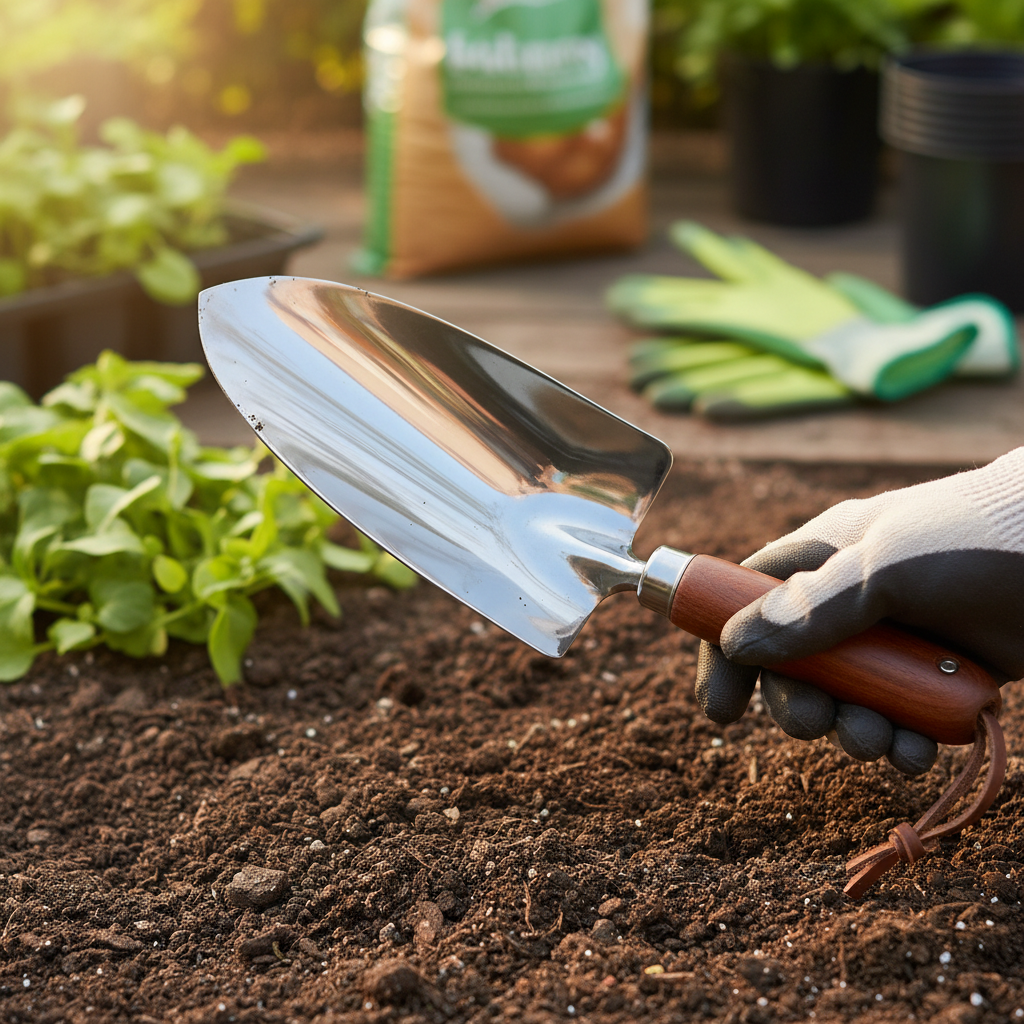 Stainless steel hand trowel polished blade wooden handle
