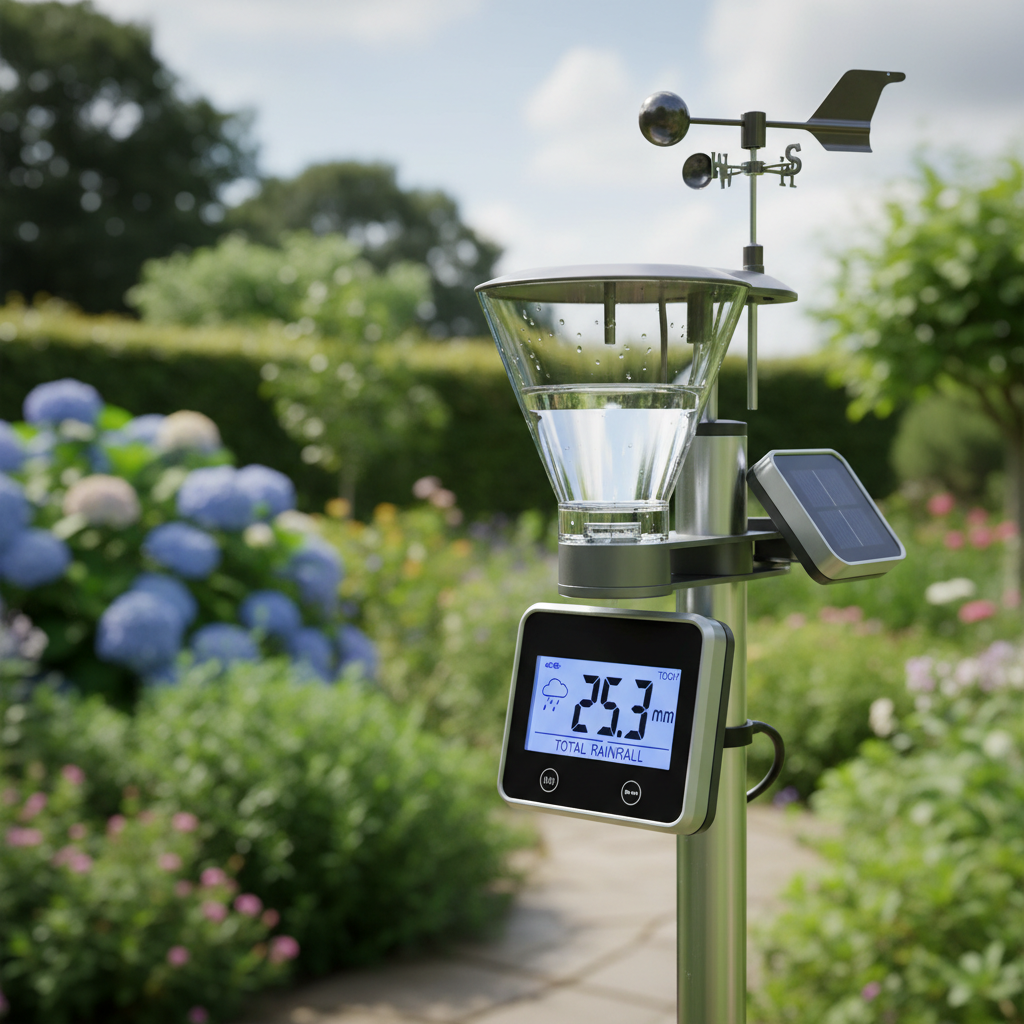 Digital rain gauge with LCD display mounted outdoors