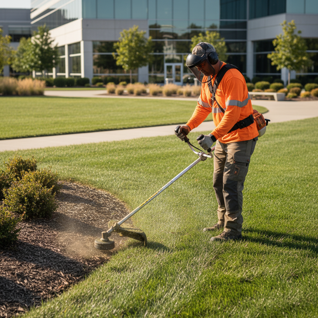 Gas string trimmer in use on commercial landscape